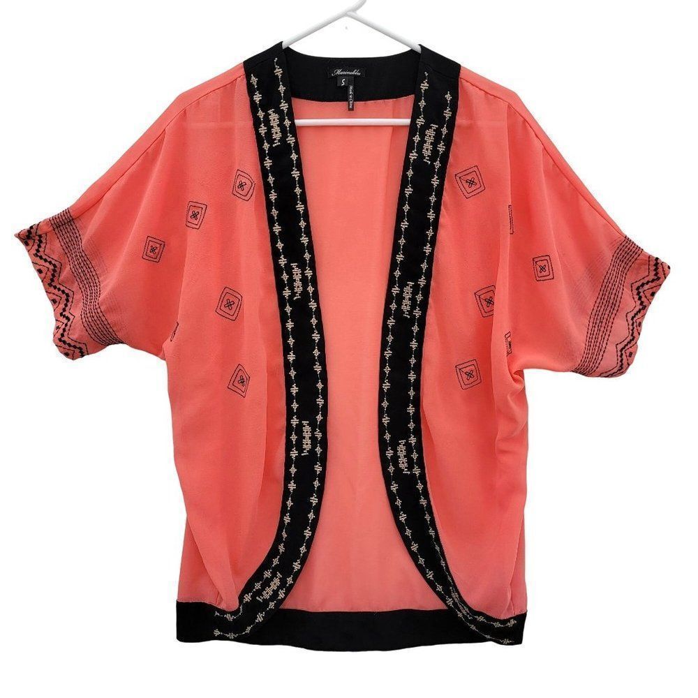 Marineblu Kimono Top Womens S Coral Pink‎ Sheer Dolman Short Sleeve Open Boho